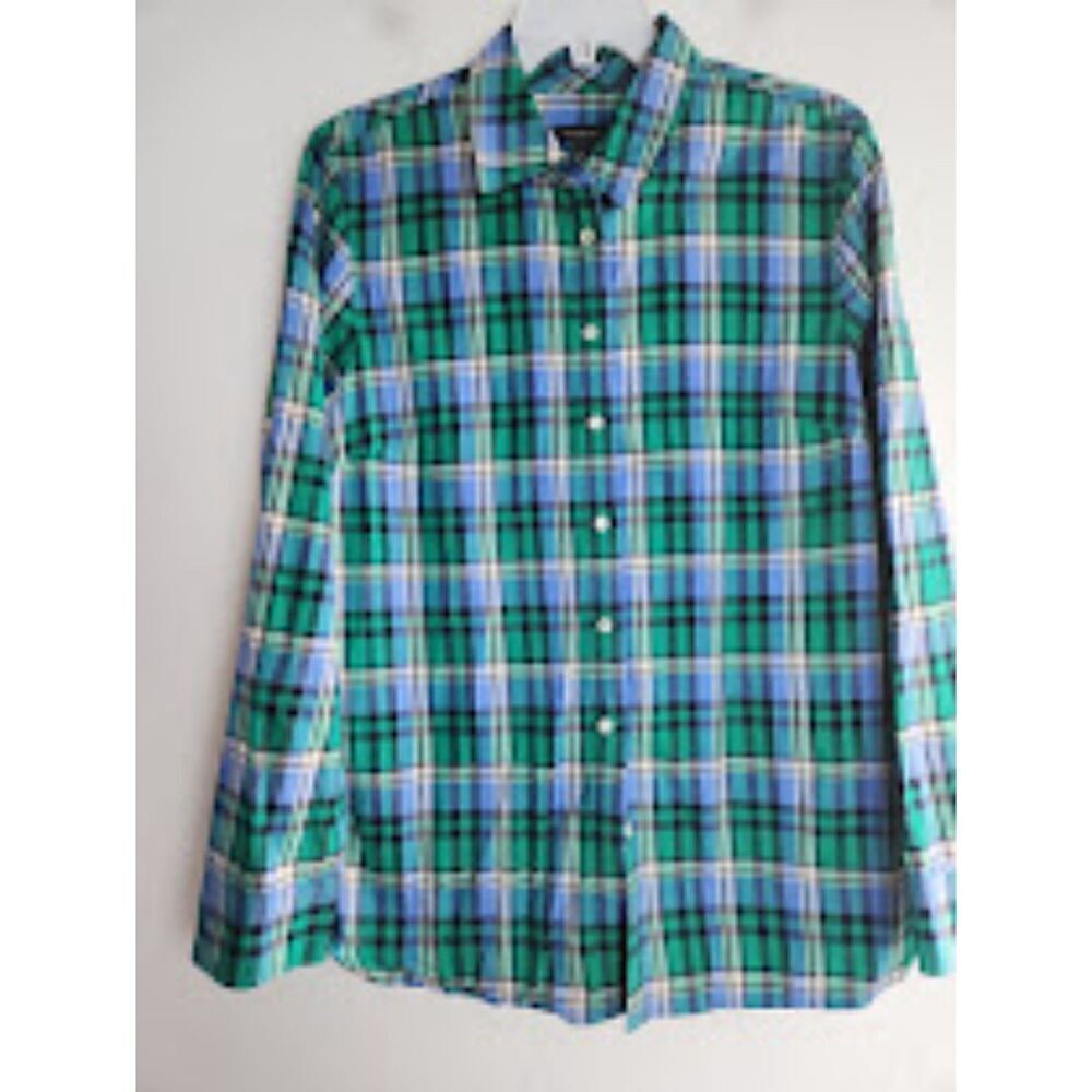 Talbots Women Green & Blue Festive Plaid 100% Cotton Button Down Shirt sz Medum